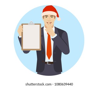 Businessman in Santa hat holding the clipboard and making hush sign. Portrait of businessman in a flat style. Raster illustration. - Powered by Shutterstock