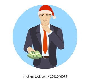 Businessman in Santa hat with money making hush sign. Portrait of businessman in a flat style. Raster illustration. - Powered by Shutterstock