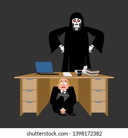 Businessman Scared Under Table Of Grim Reaper. Frightened Business Man Under Work Board. Does Not Want To Die. Boss Fear Office Desk. To Hide From Death 