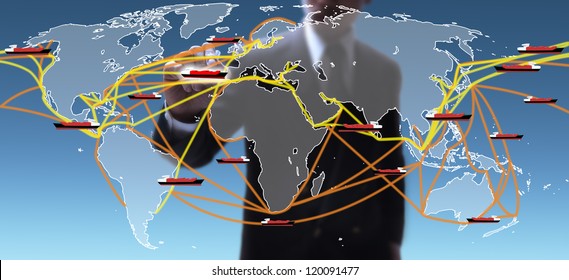 businessman selecting lane on the large world shipping routes map.
