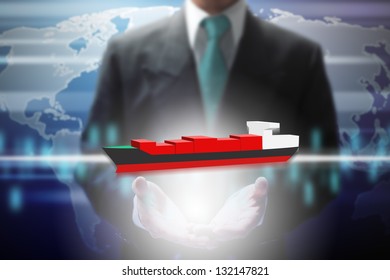 Businessman Show Virtual Oversea Ship With Wold Map Background.