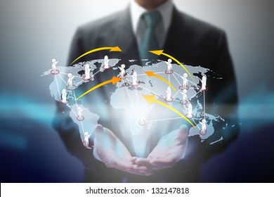 Businessman Show Virtual People Connection On World Map.