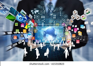 Businessman showing the concept of internet as the place to share multimedia content