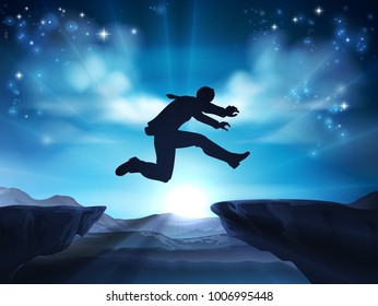 A businessman in silhouette jumping across a mountain or cliff top gap. A concept for taking a leap of faith, being courageous or taking high risks in business. 