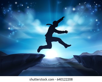Businessman in silhouette in mid air jumping across a mountain gap. A concept for taking a leap of faith, being courageous or taking a risk in business or ones career. 