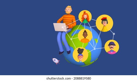 Businessman Sits On Planet Earth With Laptop And Keeps In Touch With Diverse Business Partners. Intercultural Communication, Interethnic Relations, Politics Of Difference. Trendy 3d Illustration