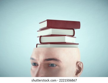 Businessman with a stack of books instead of head. Self development and knowledge concept. This is a 3d render illustration