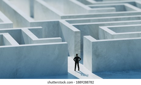 Businessman Stand In Front Of Maze Entrance. Business Problem Solving, Making Decision, Finding Solution And Challenge Concept.