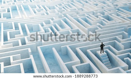 Businessman stand in front of maze entrance. Business problem solving, making decision, finding solution and challenge concept.