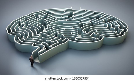 Businessman Standing At The Entrance Of Brain Shaped Maze 3D Illustration.