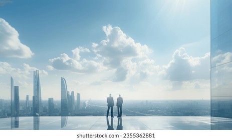 Businessman standing in front of office building windows overlooking the city - Powered by Shutterstock