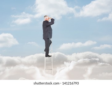 Businessman standing on a ladder over clouds and looking at the horizon with binoculars - Powered by Shutterstock