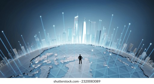 Businessman standing on Smart city map with big data connection technology concept. 3d rendering - Powered by Shutterstock