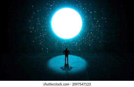 Businessman Standing in a spot light from a starry bright circle window or exit. Business man thinking in getting out from a dark concrete room. Imagination and Business success way concept	
3D  