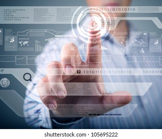 Businessman Standing And Working Wth Touch Screen Technology