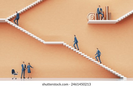 Businessman stay next to golden coins on career and professional growth ladder. 3D rendering
 - Powered by Shutterstock