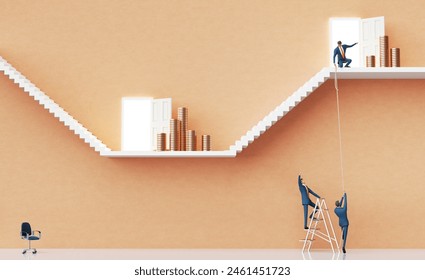 Businessman stay next to golden coins on career and professional growth ladder. 3D rendering
 - Powered by Shutterstock