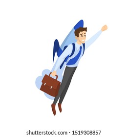 Businessman In Suit Flying With Rocket Towards Success. Idea Of Business Growth And Startup Career. Guy With Jet Pack. Isolated  Illustration In Cartoon Style