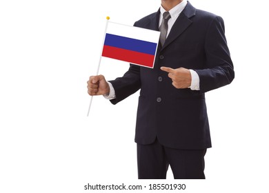 Businessman In Suit Holding Of The Russia Flag 