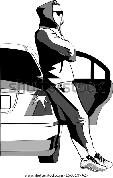 Businessman in suit standing next to\
dark old sport car. Man with luxury car. Vector\
illustration