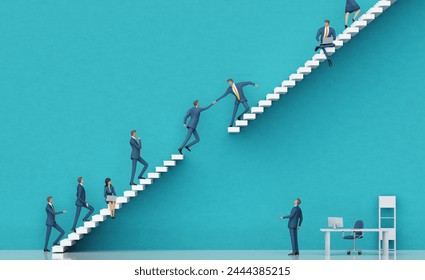 Businessman taking a risk, jumping between platforms with help colleague. Business environment concept with stairs, representing career, success, and achievement. 3D render - Powered by Shutterstock