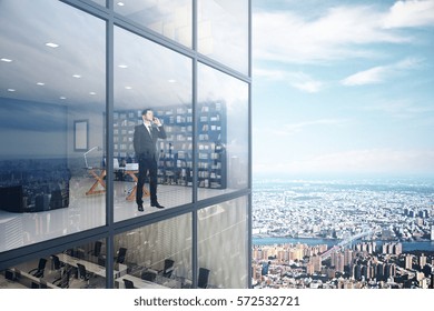 Businessman Talking On Phone In Modern Glass Office. Outside Perspective. City Background. 3D Rendering