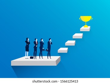 Businessman team thinking with stairs to golden trophy as symbol of success.