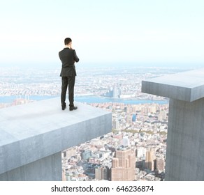 Businessman thinking how to overcome gap on city background. Difficulty concept. 3D Rendering