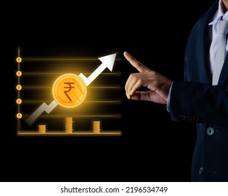 Businessman Touching Finance Graph With Rupee Sign, Home Loan Interest Rate, Internet Banking, Loan And Investment Banner