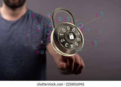 Businessman using digital padlock with data protection 3D rendering