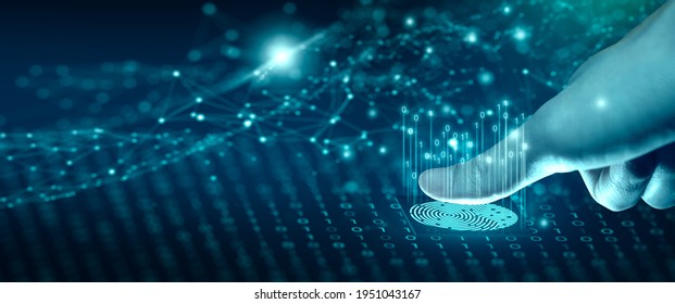 Businessman Using Fingerprint Scan. Fingerprint Scan Provides Access With Biometrics Identification On The Digital Convergence. Technology, Security And Identification Concept.