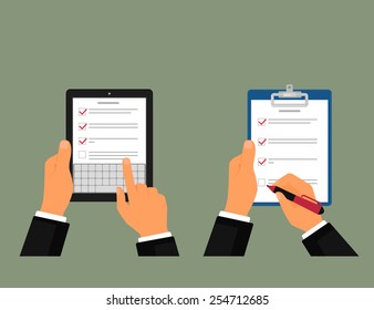 Businessman using tablet pc and notepad with task list