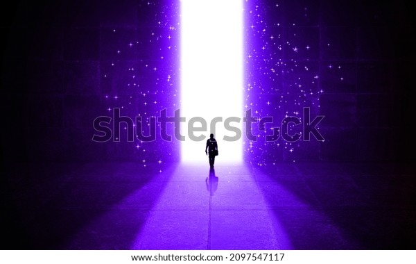 Businessman Waking Through a Starry Door Light with\
Glowing stars in a great Concrete Dark hall. Open Gate and Exit.\
Business Surreal Dream, Success Way and Imagination Concept	\
 3D\
illustration\
