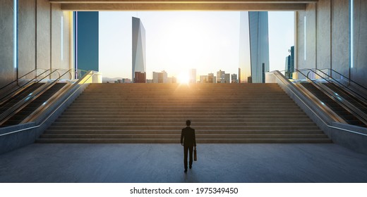 Businessman Walk From Underground Upward To Modern Urban City. Ambitions Concept. 3d Rendering