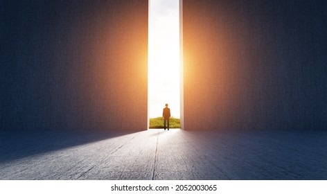 Businessman Walking To Open Big Gate To A New Better Green World. Concept Of Hope, Bright Future. 3D Illustration