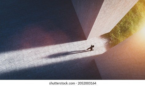 Businessman Walking To Open Big Gate To A New Better Green World. Concept Of Hope, Bright Future. 3D Illustration