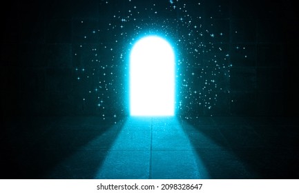 Businessman walks Through a Shiny Door Light with Glowing stars in a Concrete Dark Room. Starry Gate and Hall Exit. Business Dream, Success Way and Imagination concept Concept	
 3D illustration 