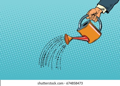 Businessman Watered From A Watering Can. Vintage Pop Art Retro . Startup And Business Incubator