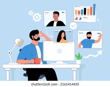 Businessman working in his office and connecting online with his virtual team, he is having a conference call. Flexible work online. Freelance, work from home. Distant meeting. Business meetup. - Powered by Shutterstock