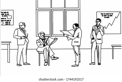 Businessmen Communicate In The Office. One Of Them Is Smoking, The Other Is Sitting On A Chair, Two Are Standing Next To Each Other. Meeting. Men Are 40-50 Years Old.