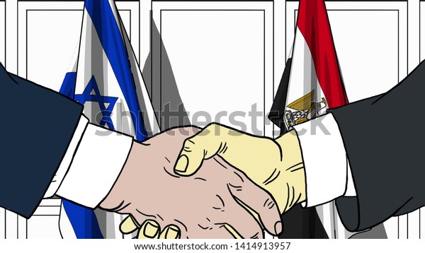 Businessmen or politicians shake hands\
against flags of Israel and Egypt. Official meeting or cooperation\
related cartoon\
illustration