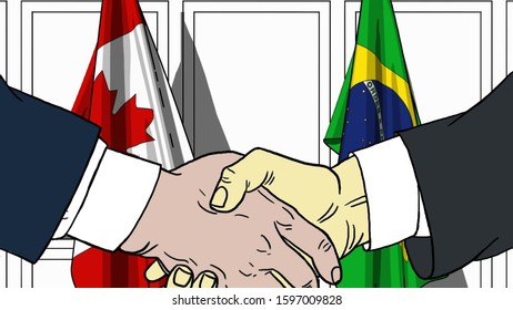 Businessmen or politicians shaking hands against flags of Canada and Brazil. Meeting or cooperation related cartoon illustration