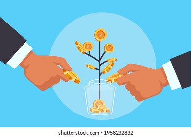 Businessmen Saving Coins And Growing Wealth. Saving And Wealth Creation Concept. Save Money Concept.