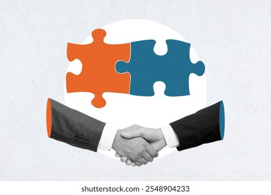 Businessmen shaking hands with jigsaw puzzle, Coordinating cooperation, Relationship, Contemporary art collage - Powered by Shutterstock