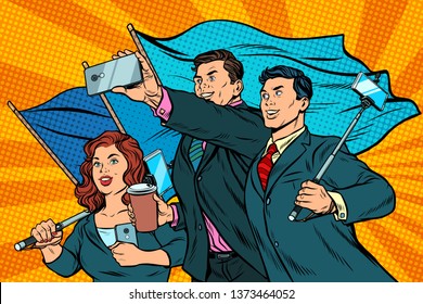 Businessmen With Smartphones And Flags, Poster Socialist Realism. Pop Art Retro  Illustration