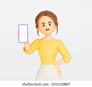 Businesswoman character holding smartphone and showing blank screen cartoon on white background 3d illustration rendering - Powered by Shutterstock