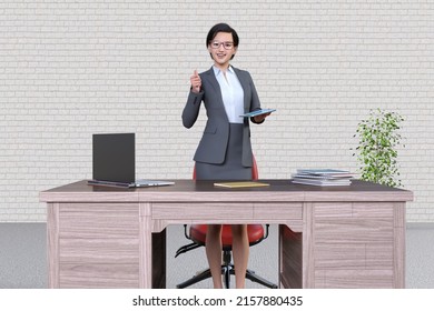 A Businesswoman Getting Up From A Desk With A Laptop And Documents, Tablet In Hand, Doing Ok Signing.3D Illustration 3D Rendering