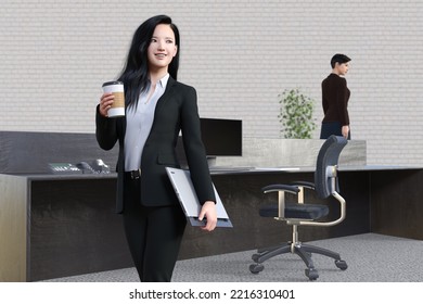 Businesswoman Getting Up From Her Desk And Walking Around With Her Laptop And Cup Of Coffee.3D Illustration 3D Rendering