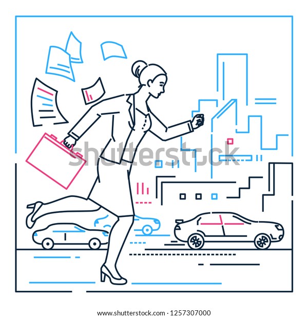 Businesswoman late for a meeting - line design\
style illustration on white background with silhouettes of cars,\
buildings. Image of a woman, girl, female with a case running.\
Targeting\
concept