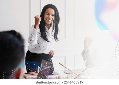 Businesswoman motivating her team members in a meeting. Happy business woman leader teamwork meeting in a corporate meeting room. Company businesswoman leading strategy plan boardroom discussion. - Powered by Shutterstock